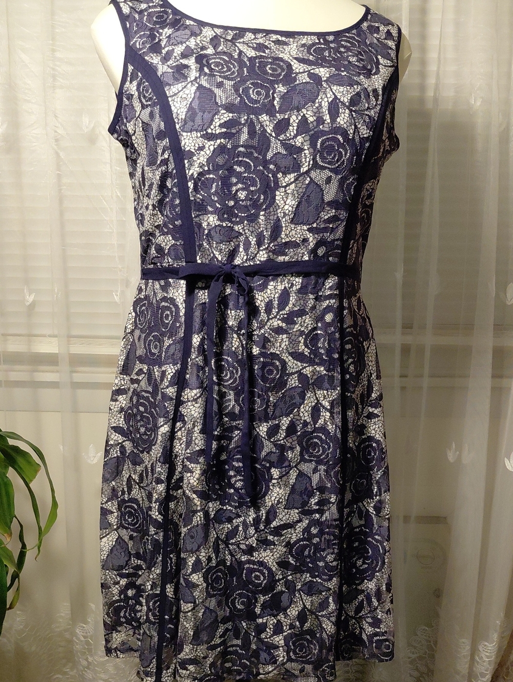 Women's Navy and White Floral Lace Dress - Classic Sleeveless Design
